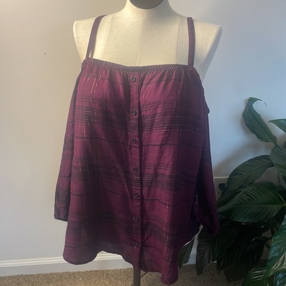 Torrid blouse purple black plaid cold shoulder top New Size 18-20 - Picture 1 of 8